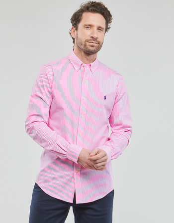Oblečenie Muž Košele s dlhým rukávom Polo Ralph Lauren CHEMISE AJUSTEE SLIM FIT EN POPELINE RAYE Ružová / Biela