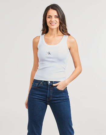 Oblečenie Žena Tielka a tričká bez rukávov Calvin Klein Jeans WOVEN LABEL RIB TANK TOP Biela